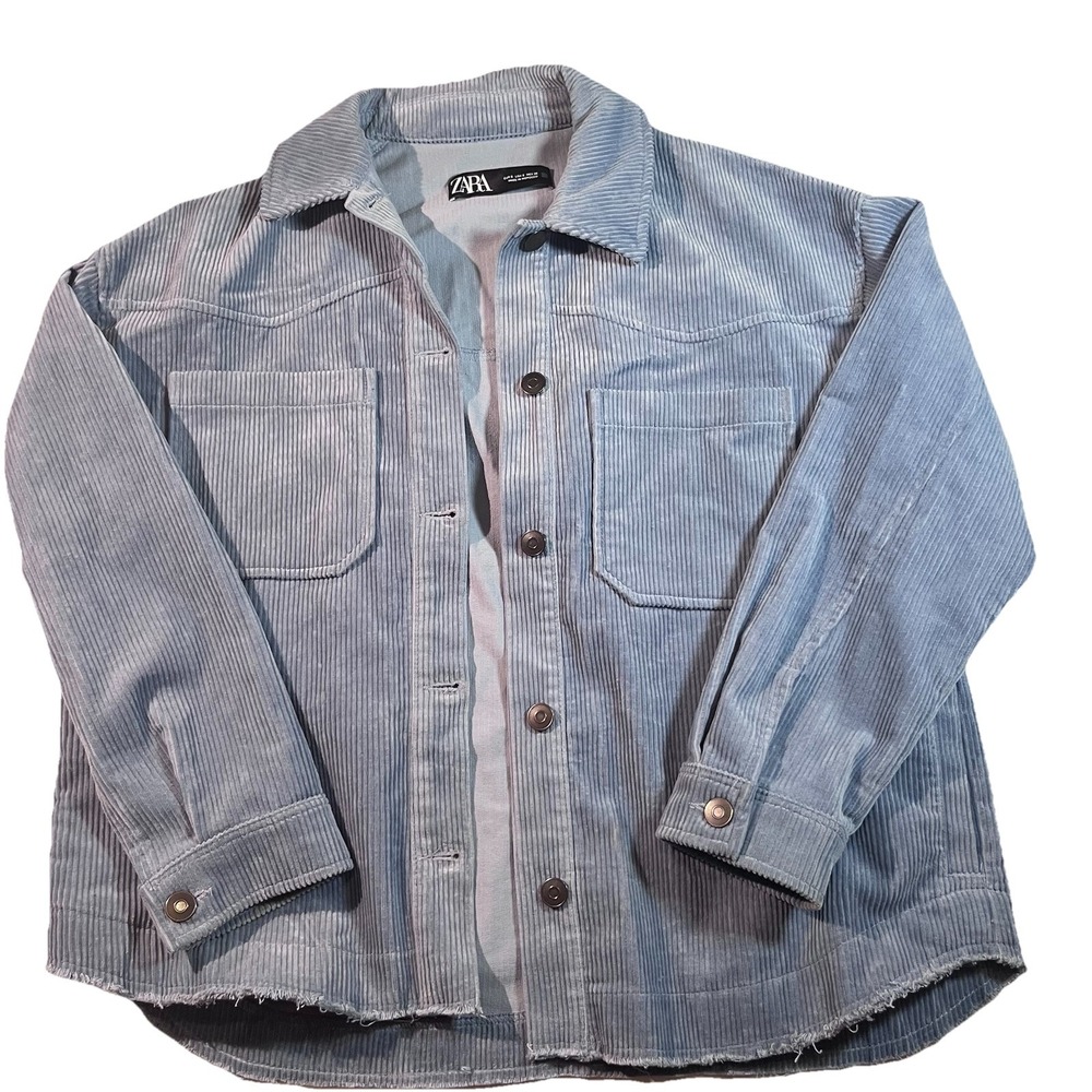 Zara Corduroy Shacket Oversized Shirt Jacket Blue Raw Hem Boyfriend Size S